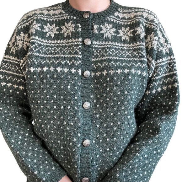 Vintage 90s Womens Olive Green Eddie Bauer Fair Isle Christmas Wool Cardigan - Picture 4 of 8